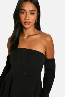 A Line Dresses|Skater Dresses*boohoo Petite A-Line Bardot Long Sleeve Mini Dress black