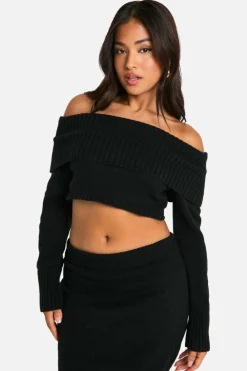 Jumpers|Jumpers & Cardigans*boohoo Petite Bardot Cropped Knitted Jumper black