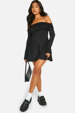 Skater Dresses*boohoo Petite Bardot Long Sleeve V Waist Skater Dress black