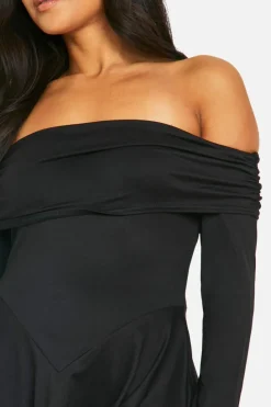 Skater Dresses*boohoo Petite Bardot Long Sleeve V Waist Skater Dress black
