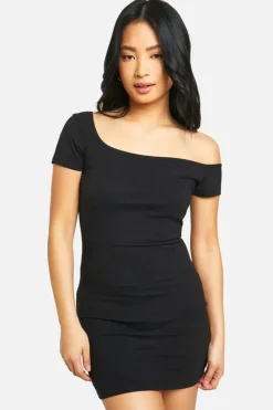 Bodycon Dresses*boohoo Petite Basic Cotton Asym Neck Bodycon Dress black