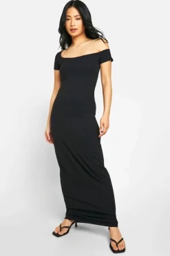 Bodycon Dresses*boohoo Petite Basic Cotton Asym Neck Bodycon Maxi Dress black