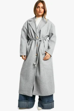 Up To 80% Off Winter Warmers|Wool Look Coats*boohoo Petite Belt Detail Wool Look Maxi Coat grey marl