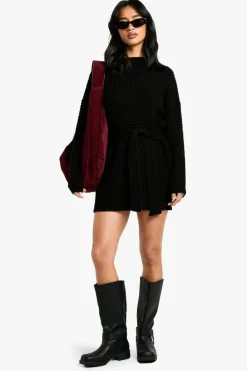 Jumper Dresses|Jumper Dresses*boohoo Petite Belted Knitted Jumper Dress black