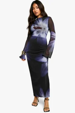 Maxi Dresses*boohoo Petite Bold Floral Long Sleeve Mesh Maxi Dress black