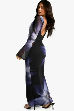 Maxi Dresses*boohoo Petite Bold Floral Long Sleeve Mesh Maxi Dress black