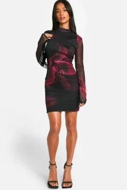 Skater Dresses|Mini Dresses*boohoo Petite Bold Floral Mesh Mini Dress magenta pink