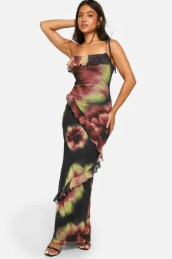 Maxi Dresses*boohoo Petite Bold Floral Ruffle Maxi Dress black