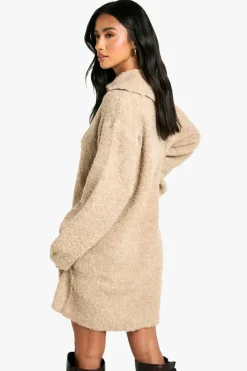 Jumper Dresses|Jumper Dresses*boohoo Petite Borg Oversized Collar Detail Mini Dress camel