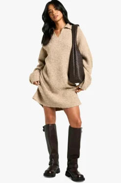 Jumper Dresses|Jumper Dresses*boohoo Petite Borg Oversized Collar Detail Mini Dress camel