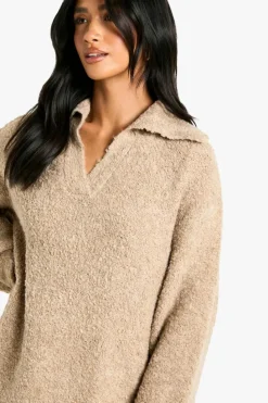 Jumper Dresses|Jumper Dresses*boohoo Petite Borg Oversized Collar Detail Mini Dress camel