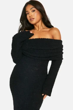 Maxi Dresses|Jumper Dresses*boohoo Petite Boucle Extreme Foldover Bardot Knitted Maxi Dress black