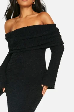 Maxi Dresses|Jumper Dresses*boohoo Petite Boucle Extreme Foldover Bardot Knitted Maxi Dress black