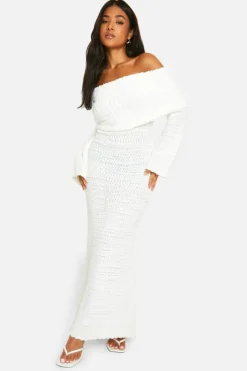 Maxi Dresses|Jumper Dresses*boohoo Petite Boucle Extreme Foldover Bardot Knitted Maxi Dress ecru