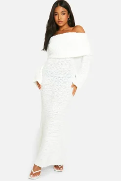 Maxi Dresses|Jumper Dresses*boohoo Petite Boucle Extreme Foldover Bardot Knitted Maxi Dress ecru