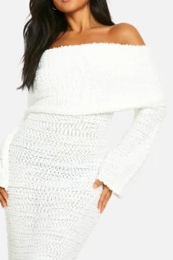 Maxi Dresses|Jumper Dresses*boohoo Petite Boucle Extreme Foldover Bardot Knitted Maxi Dress ecru