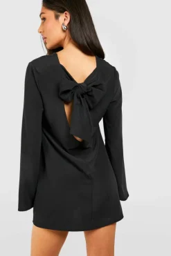 Mini Dresses|Long Sleeve Dresses*boohoo Petite Bow Detail Open Back Mini Dress black
