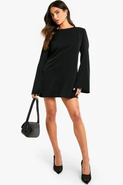 Mini Dresses|Long Sleeve Dresses*boohoo Petite Bow Detail Open Back Mini Dress black