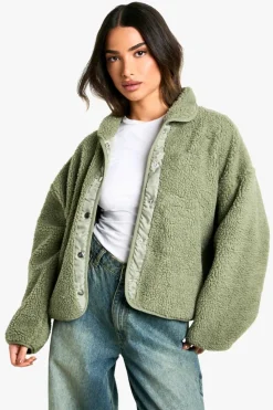Up To 80% Off Winter Warmers|Bomber Jackets*boohoo Petite Boxy Teddy Jacket sage