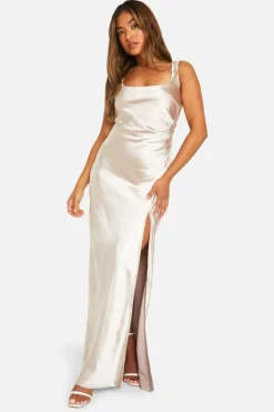 Maxi Dresses*boohoo Petite Bridesmaid Satin Square Neck Maxi Dress oyster