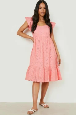 Smock Dresses|Midi Dresses*boohoo Petite Broderie Puff Sleeve Bardot Midi Dress coral
