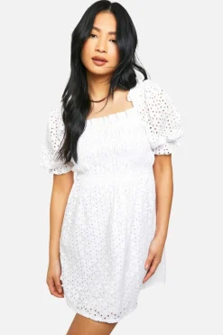 Skater Dresses|Mini Dresses*boohoo Petite Broderie Puff Sleeve Shirred Dress white