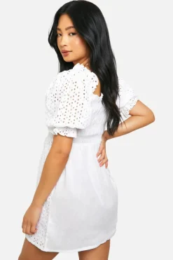 Skater Dresses|Mini Dresses*boohoo Petite Broderie Puff Sleeve Shirred Dress white