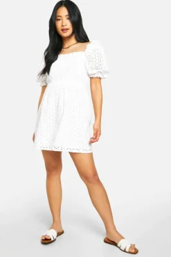 Skater Dresses|Mini Dresses*boohoo Petite Broderie Puff Sleeve Shirred Dress white
