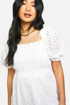 Skater Dresses|Mini Dresses*boohoo Petite Broderie Puff Sleeve Shirred Dress white