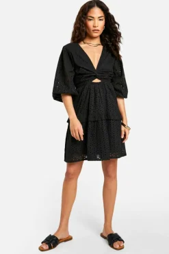 Skater Dresses*boohoo Petite Broderie Puff Sleeve Mini Dress black