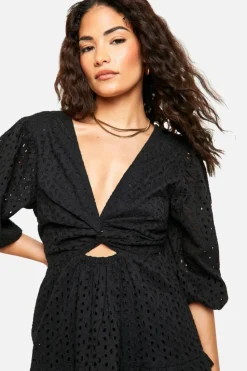 Skater Dresses*boohoo Petite Broderie Puff Sleeve Mini Dress black