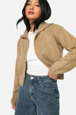 Cardigans*boohoo Petite Brushed Knit Zip Through Cardigan sand