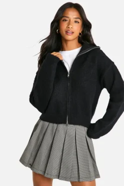 Cardigans|Jumpers & Cardigans*boohoo Petite Brushed Knit Zip Through Cardigan black