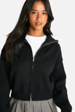 Cardigans|Jumpers & Cardigans*boohoo Petite Brushed Knit Zip Through Cardigan black