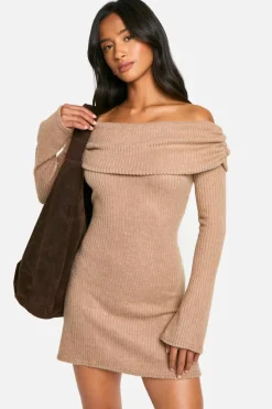 Mini Dresses|Long Sleeve Dresses*boohoo Petite Brushed Rib Foldover Bardot Mini Dress camel