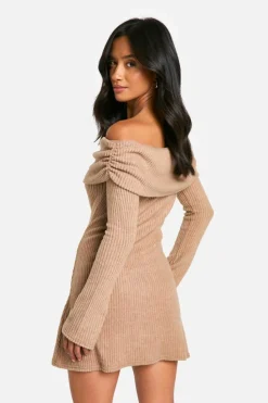 Mini Dresses|Long Sleeve Dresses*boohoo Petite Brushed Rib Foldover Bardot Mini Dress camel