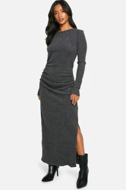 Maxi Dresses|Long Sleeve Dresses*boohoo Petite Brushed Rib Long Sleeve Maxi Dress charcoal