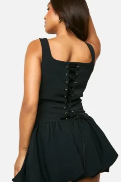 Mini Dresses|Dresses*boohoo Petite Bubble Hem Lace Up Mini Dress black