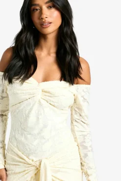 Wrap Dresses|Bodycon Dresses*boohoo Petite Burnout Bardot Twist Wrap Mini Dresss ivory