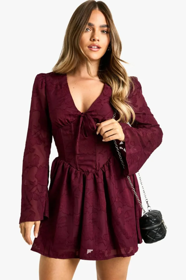 Skater Dresses|Mini Dresses*boohoo Petite Burnout Floral Corset Detail Skater Dress burgundy