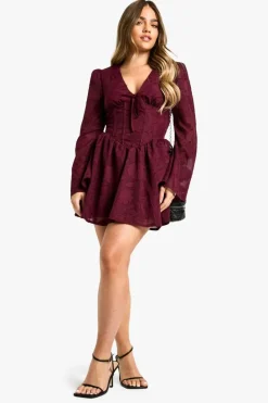 Skater Dresses|Mini Dresses*boohoo Petite Burnout Floral Corset Detail Skater Dress burgundy