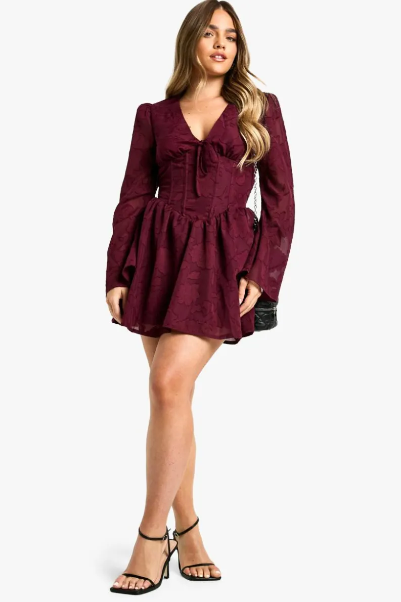 Skater Dresses|Mini Dresses*boohoo Petite Burnout Floral Corset Detail Skater Dress burgundy