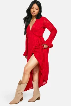 Wrap Dresses*boohoo Petite Burnout Floral Ruffle Wrap Dress red