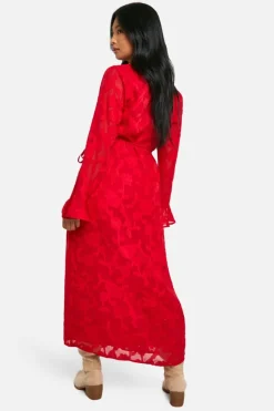 Wrap Dresses*boohoo Petite Burnout Floral Ruffle Wrap Dress red