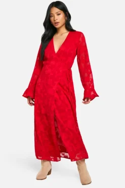 Wrap Dresses*boohoo Petite Burnout Floral Ruffle Wrap Dress red