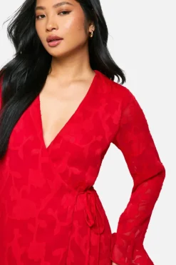 Wrap Dresses*boohoo Petite Burnout Floral Ruffle Wrap Dress red