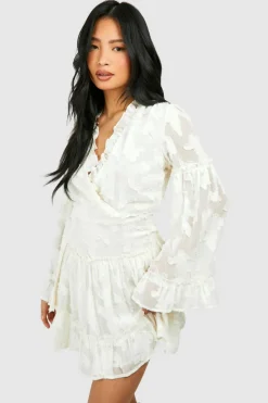 Skater Dresses*boohoo Petite Burnout Frill Mini Dress ivory