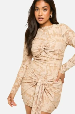Wrap Dresses|Bodycon Dresses*boohoo Petite Burnout Twist Wrap Mini Dress camel