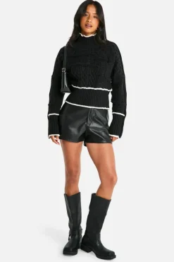 Jumpers|Jumpers & Cardigans*boohoo Petite Cable Knit Contrast Detail High Neck Jumper black
