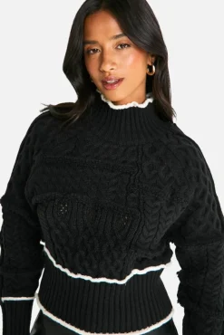 Jumpers|Jumpers & Cardigans*boohoo Petite Cable Knit Contrast Detail High Neck Jumper black